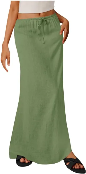 DDAPJ pyju Womens Linen Maxi Skirts Drawstring Waist A Line Skirts Beach Vacation Boho Long Skirt 2025 Summer Casual Outfits