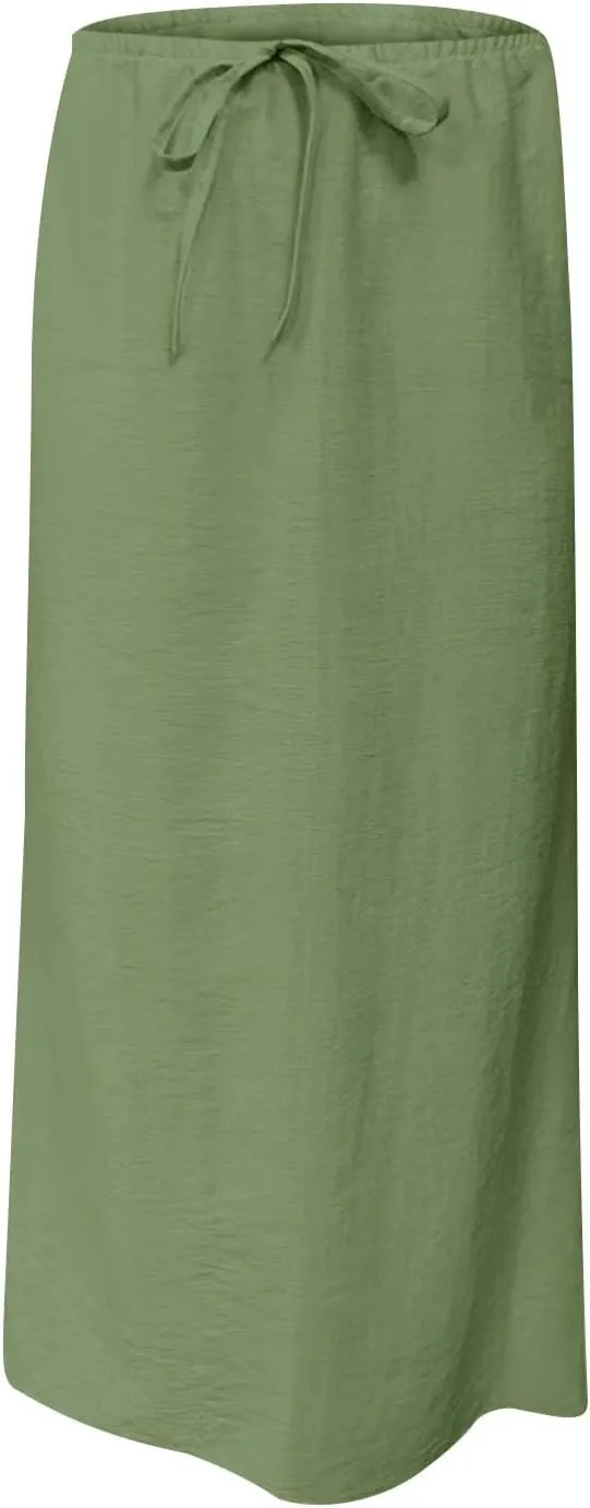 DDAPJ pyju Womens Linen Maxi Skirts Drawstring Waist A Line Skirts Beach Vacation Boho Long Skirt 2025 Summer Casual Outfits