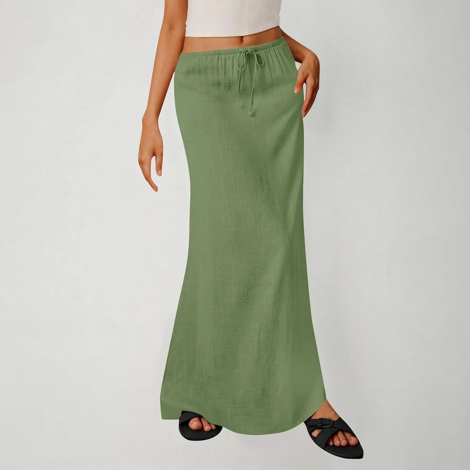 DDAPJ pyju Womens Linen Maxi Skirts Drawstring Waist A Line Skirts Beach Vacation Boho Long Skirt 2025 Summer Casual Outfits