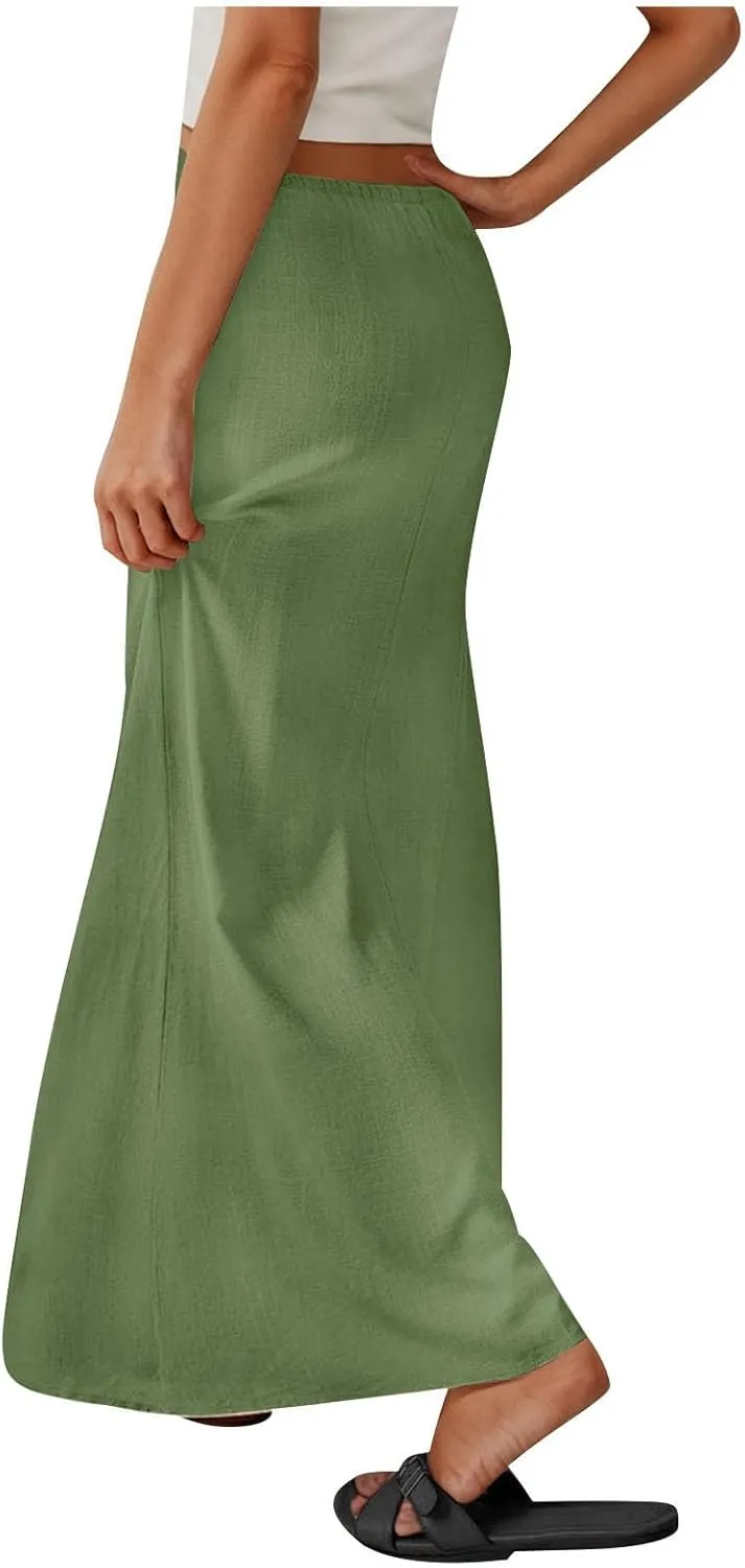 DDAPJ pyju Womens Linen Maxi Skirts Drawstring Waist A Line Skirts Beach Vacation Boho Long Skirt 2025 Summer Casual Outfits