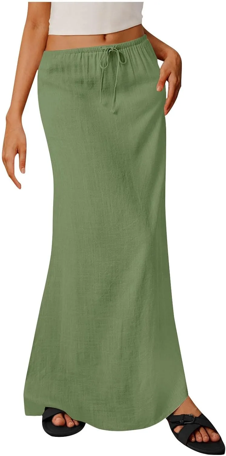 DDAPJ pyju Womens Linen Maxi Skirts Drawstring Waist A Line Skirts Beach Vacation Boho Long Skirt 2025 Summer Casual Outfits