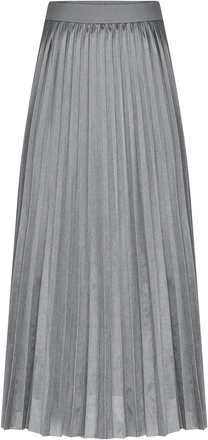 DDAPJ pyju Women's Pleated Maxi Skirt Satin Metallic Accordion Skirts Plus Size Casual High Waist Flowy A-Line Long Skirt
