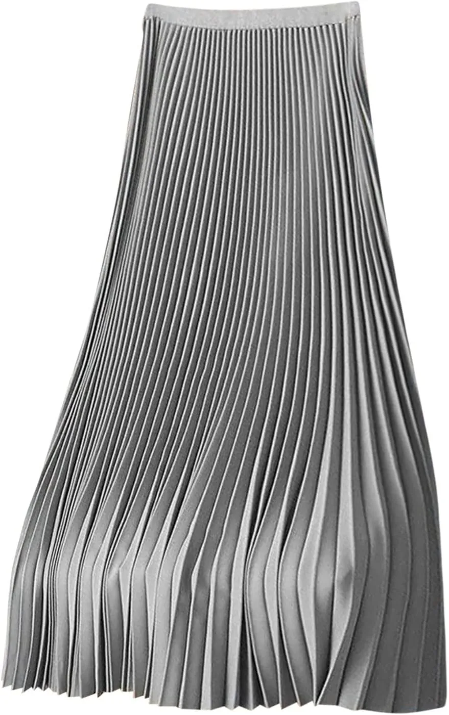 DDAPJ pyju Women's Pleated Maxi Skirt Satin Metallic Accordion Skirts Plus Size Casual High Waist Flowy A-Line Long Skirt