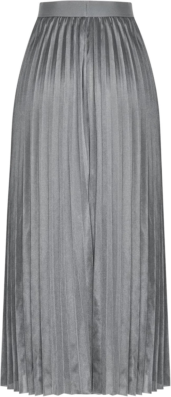 DDAPJ pyju Women's Pleated Maxi Skirt Satin Metallic Accordion Skirts Plus Size Casual High Waist Flowy A-Line Long Skirt