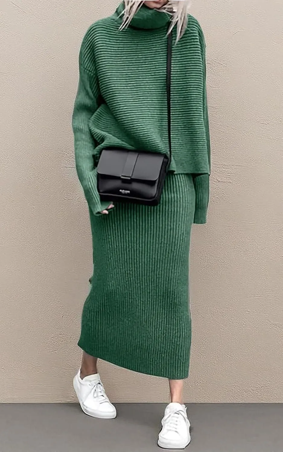 ebossy Womens Ribbed Knit Sweater Outfits Casual Loose 2 Piece Turtleneck Pullovers Elastic Waist Maxi Skirt Sets