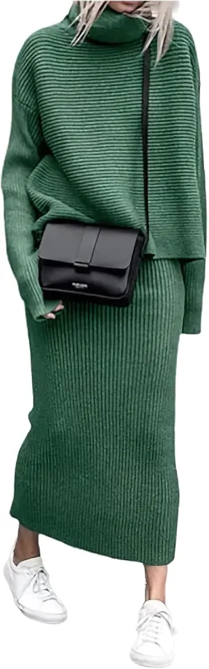 ebossy Womens Ribbed Knit Sweater Outfits Casual Loose 2 Piece Turtleneck Pullovers Elastic Waist Maxi Skirt Sets
