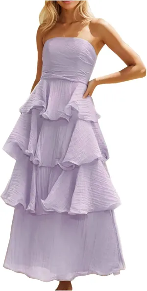 Elegant Cold Shoulder Dress for Women Ruffle Tiered Cake Maxi Dresses Plain Slim Party Dressy Outfits