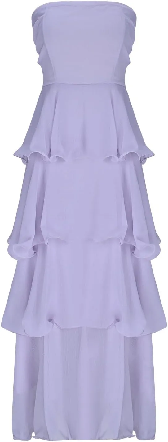 Elegant Cold Shoulder Dress for Women Ruffle Tiered Cake Maxi Dresses Plain Slim Party Dressy Outfits
