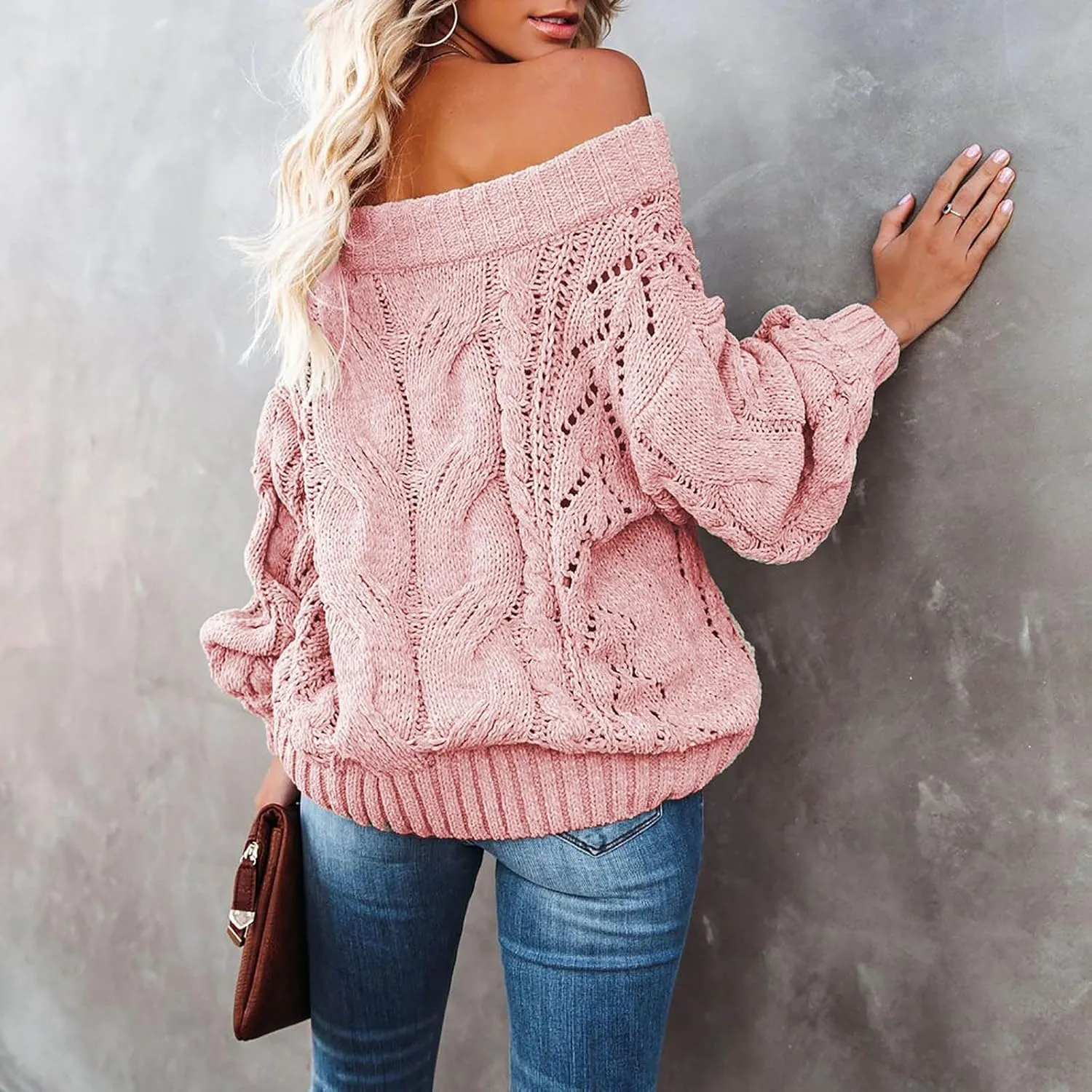 Fall Sweaters Off Shoulder Long Sleeve Crochet Hollow Out Pullover Top Winter Casual Chunky Cable Knit Sweater for Women