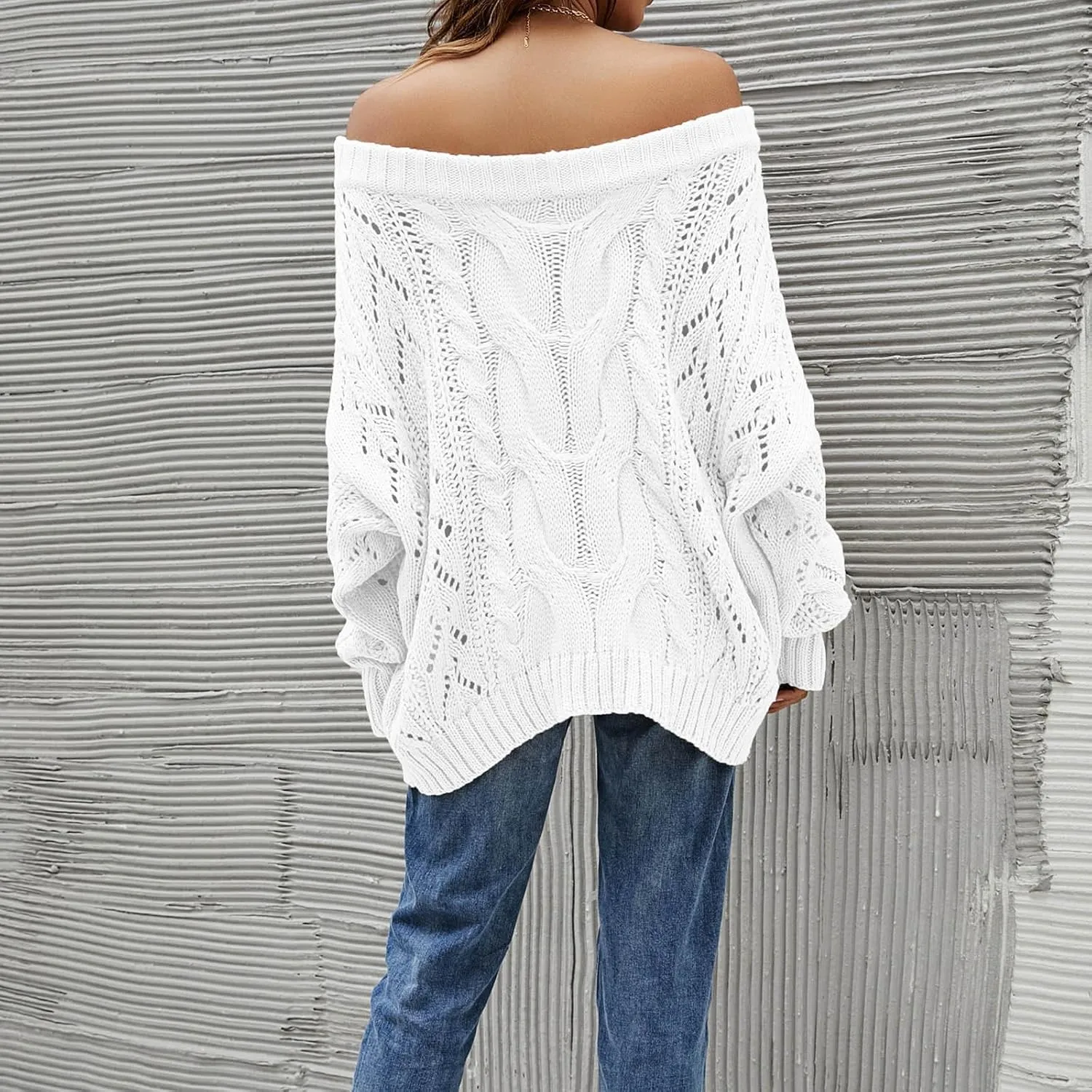 Fall Sweaters Off Shoulder Long Sleeve Crochet Hollow Out Pullover Top Winter Casual Chunky Cable Knit Sweater for Women