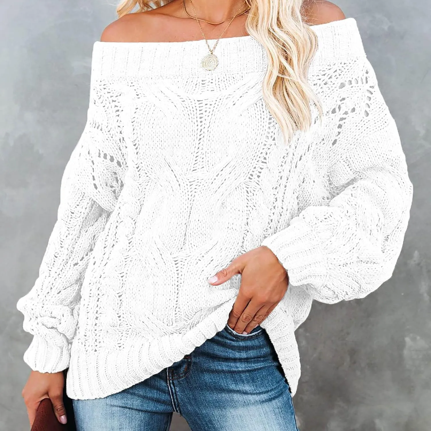 Fall Sweaters Off Shoulder Long Sleeve Crochet Hollow Out Pullover Top Winter Casual Chunky Cable Knit Sweater for Women