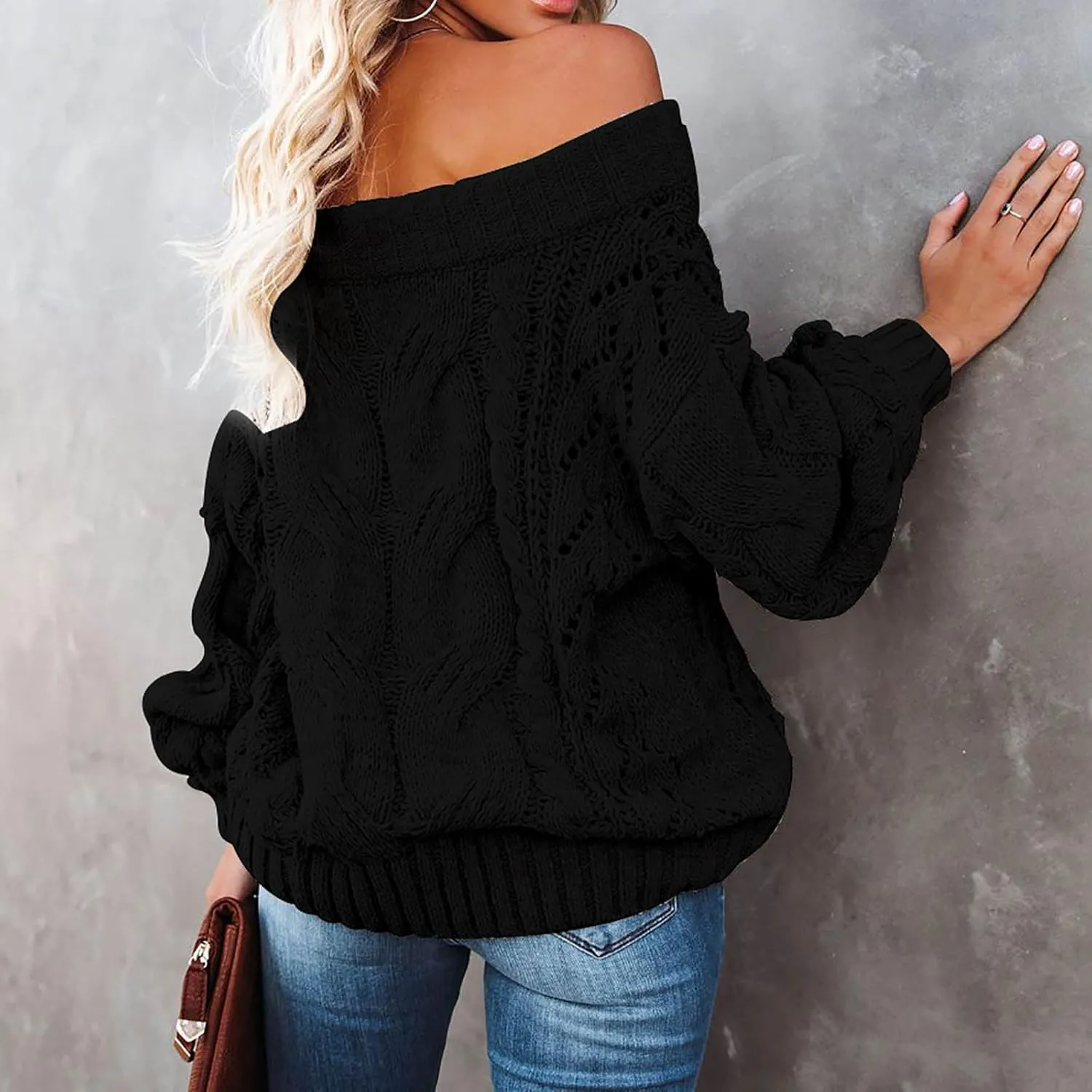 Fall Sweaters Off Shoulder Long Sleeve Crochet Hollow Out Pullover Top Winter Casual Chunky Cable Knit Sweater for Women
