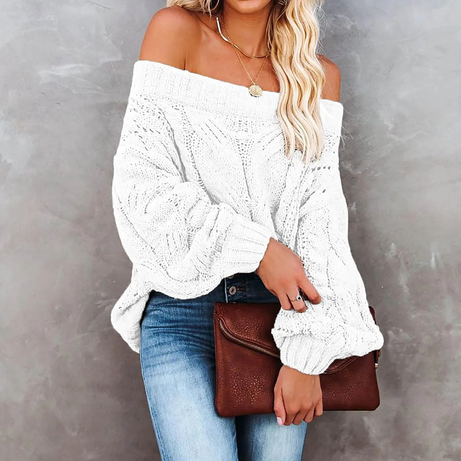 Fall Sweaters Off Shoulder Long Sleeve Crochet Hollow Out Pullover Top Winter Casual Chunky Cable Knit Sweater for Women