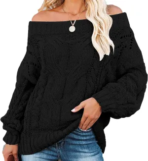 Fall Sweaters Off Shoulder Long Sleeve Crochet Hollow Out Pullover Top Winter Casual Chunky Cable Knit Sweater for Women