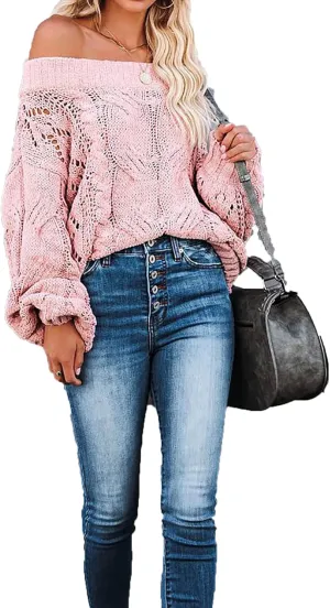 Fall Sweaters Off Shoulder Long Sleeve Crochet Hollow Out Pullover Top Winter Casual Chunky Cable Knit Sweater for Women
