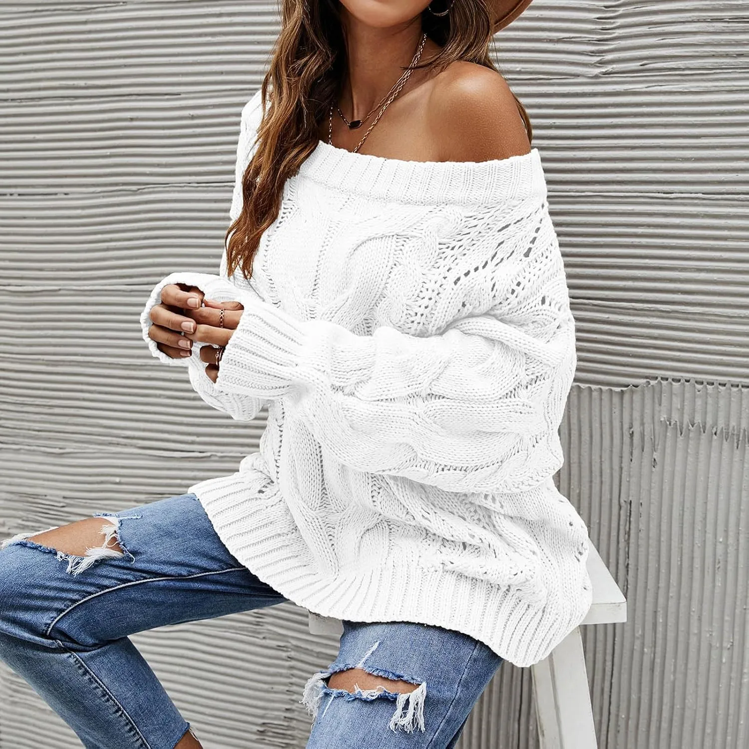 Fall Sweaters Off Shoulder Long Sleeve Crochet Hollow Out Pullover Top Winter Casual Chunky Cable Knit Sweater for Women