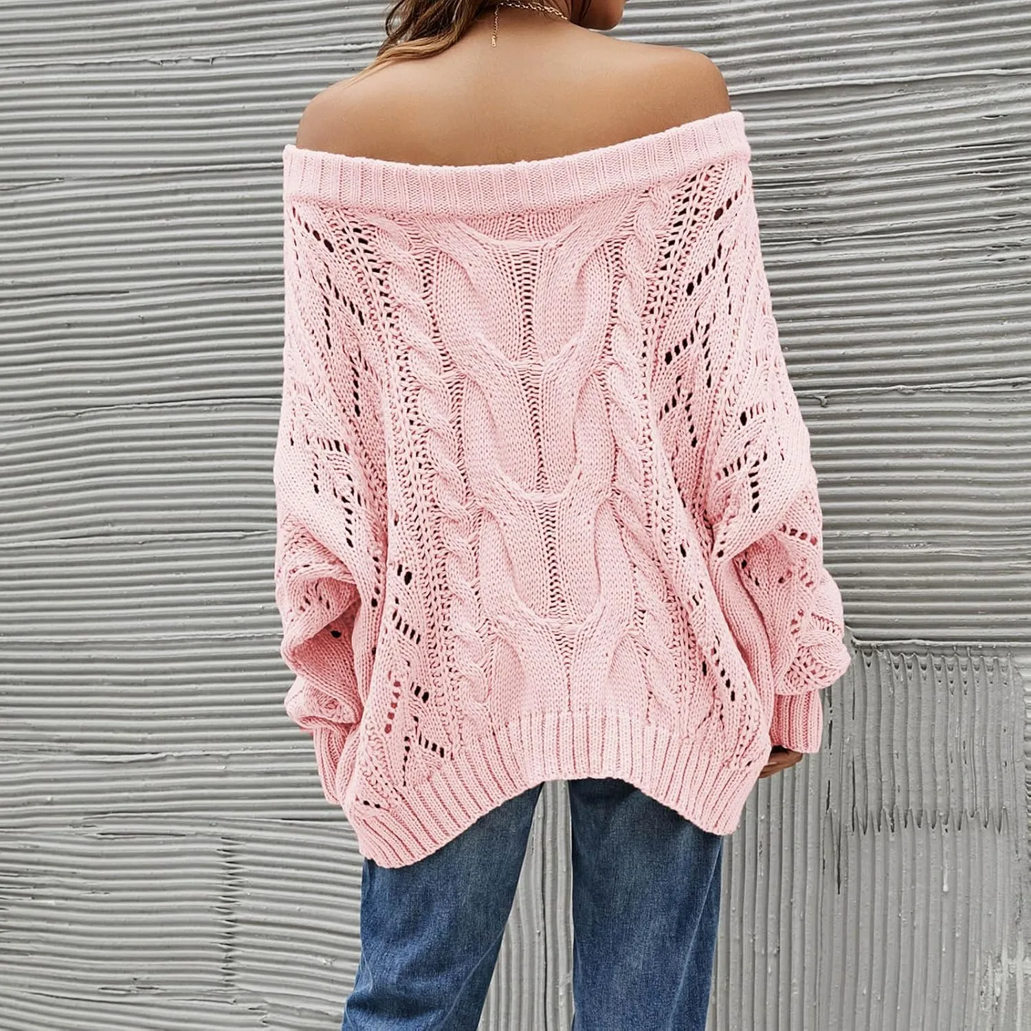 Fall Sweaters Off Shoulder Long Sleeve Crochet Hollow Out Pullover Top Winter Casual Chunky Cable Knit Sweater for Women