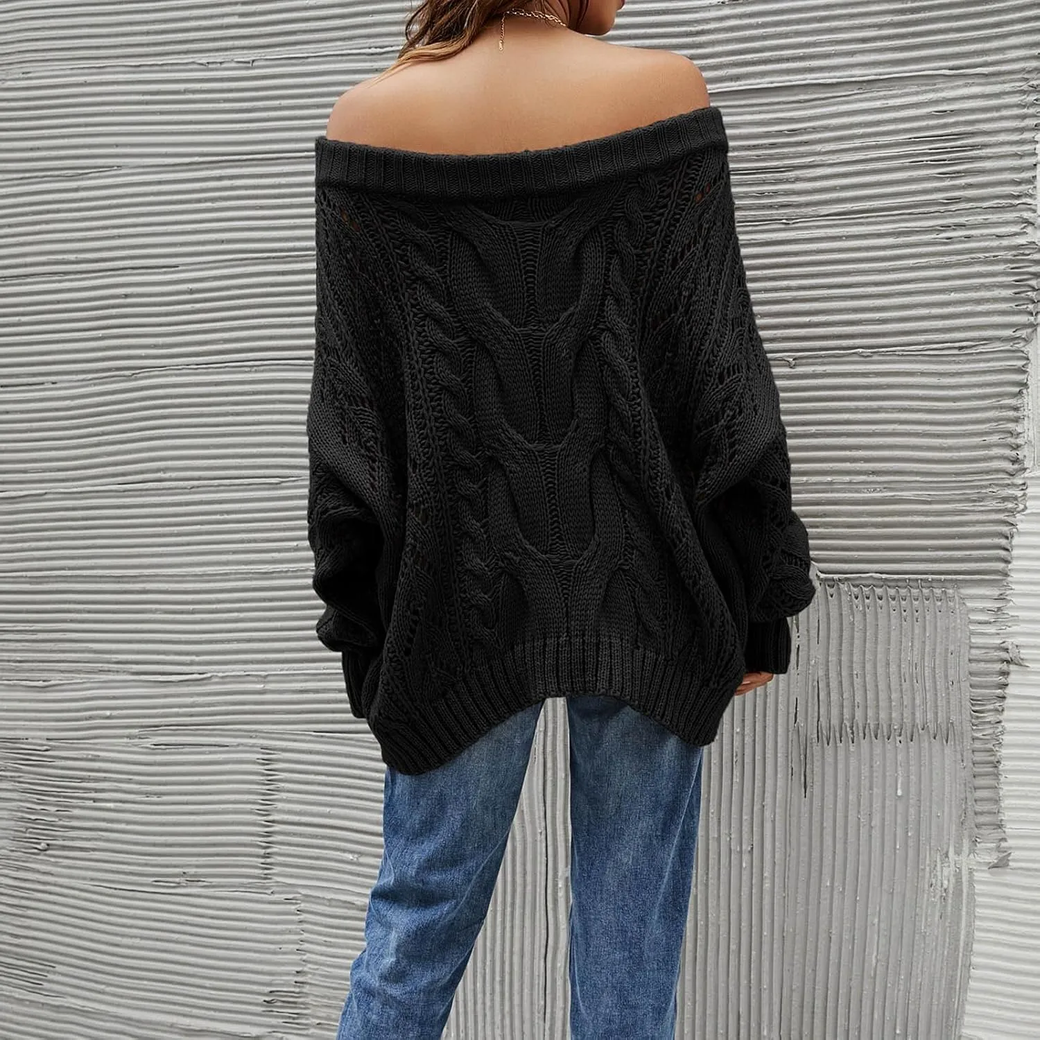 Fall Sweaters Off Shoulder Long Sleeve Crochet Hollow Out Pullover Top Winter Casual Chunky Cable Knit Sweater for Women
