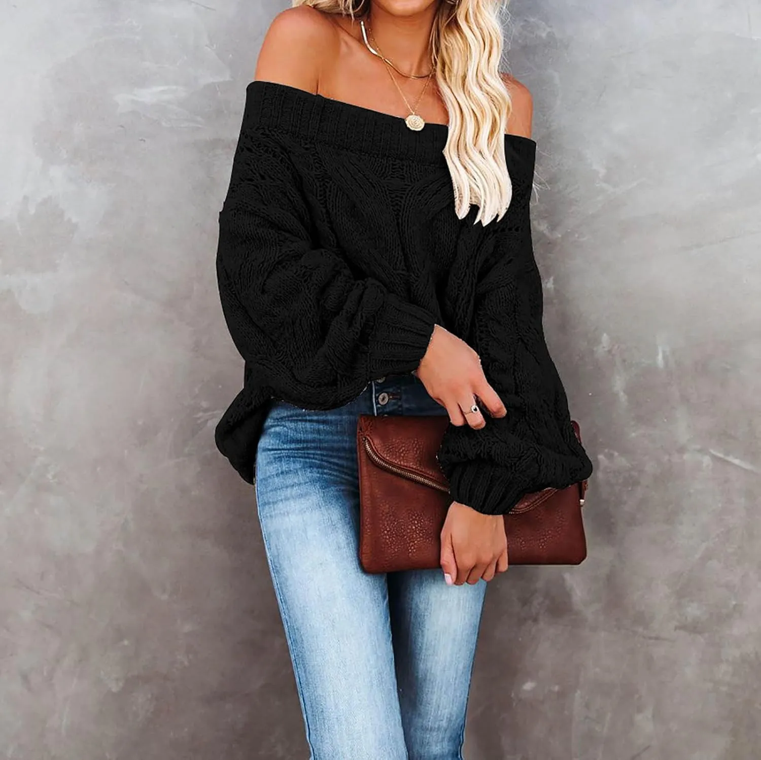 Fall Sweaters Off Shoulder Long Sleeve Crochet Hollow Out Pullover Top Winter Casual Chunky Cable Knit Sweater for Women