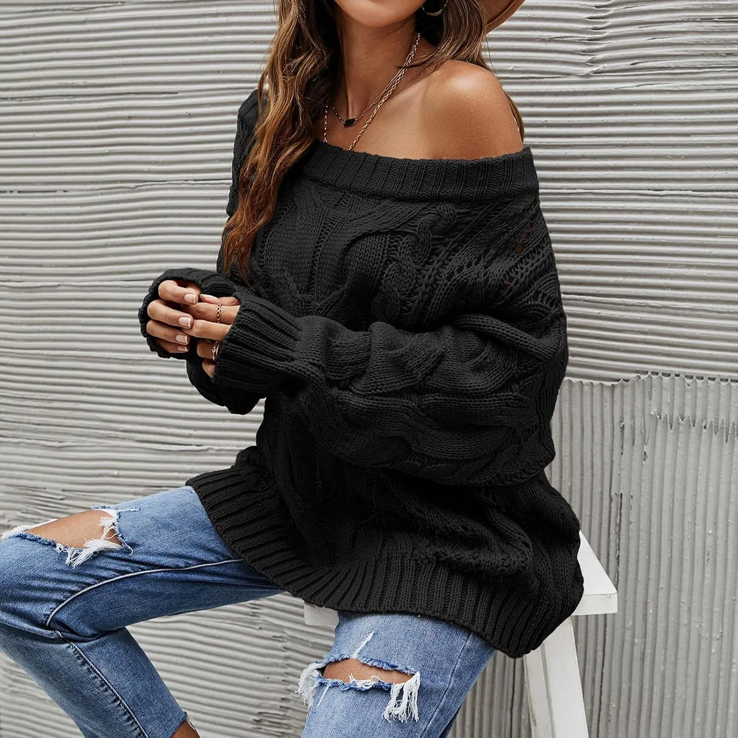 Fall Sweaters Off Shoulder Long Sleeve Crochet Hollow Out Pullover Top Winter Casual Chunky Cable Knit Sweater for Women