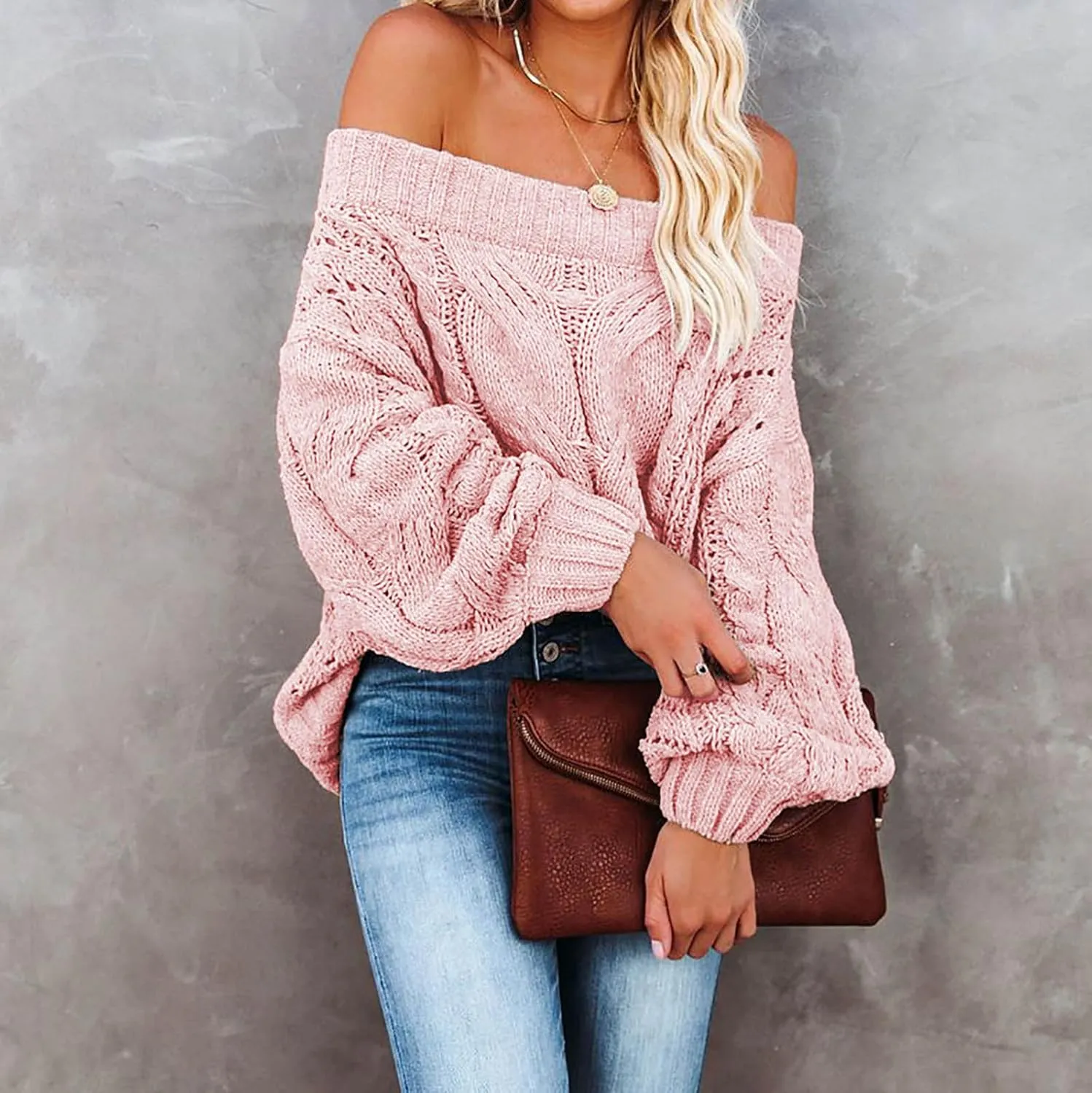 Fall Sweaters Off Shoulder Long Sleeve Crochet Hollow Out Pullover Top Winter Casual Chunky Cable Knit Sweater for Women