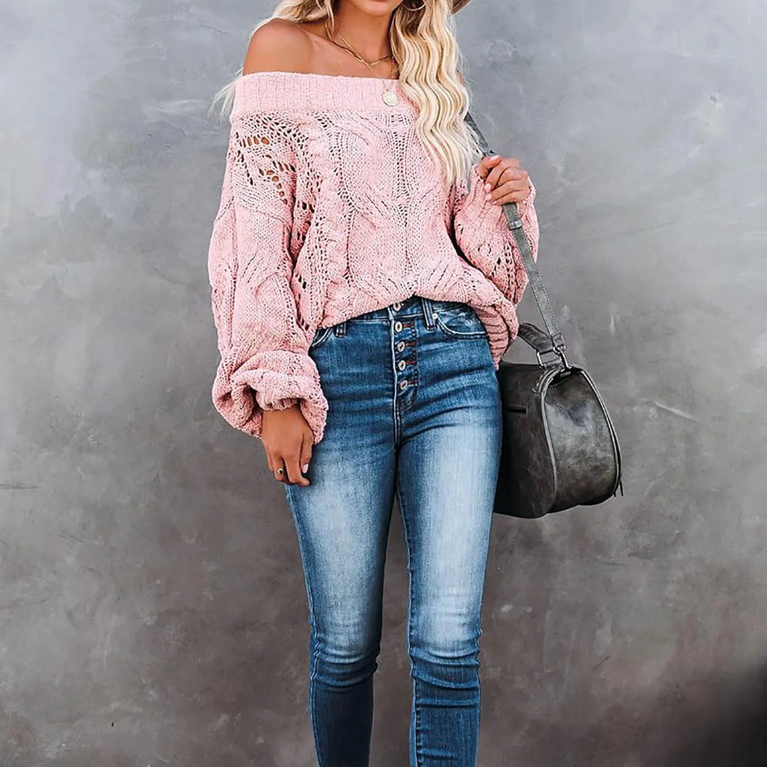 Fall Sweaters Off Shoulder Long Sleeve Crochet Hollow Out Pullover Top Winter Casual Chunky Cable Knit Sweater for Women