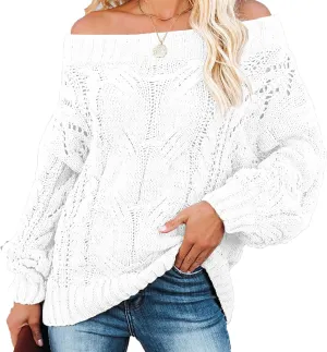 Fall Sweaters Off Shoulder Long Sleeve Crochet Hollow Out Pullover Top Winter Casual Chunky Cable Knit Sweater for Women