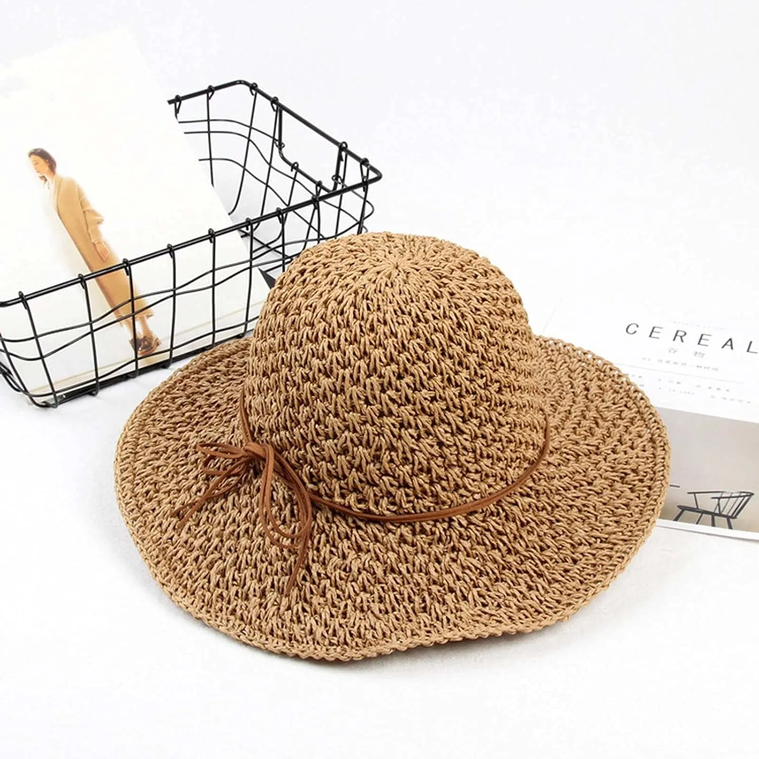 Fashion Beach Cap Women Teen Girls Bowknot Bowler Hat Roll-Up Wide Brim Dome Straw Summer Sun Hat Travel Accessories