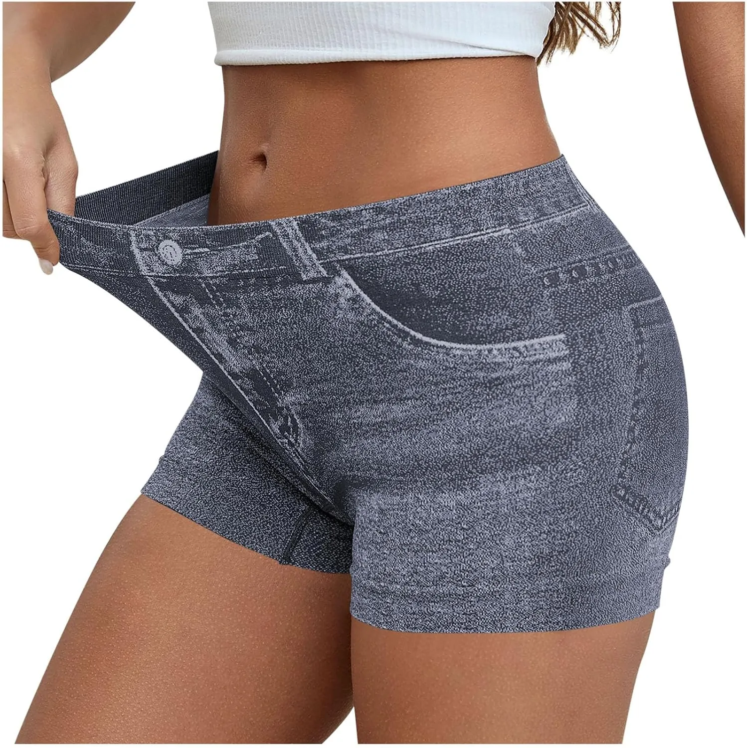 Faux Jeans Shorts for Women Summer Mid Rise Stretchy Denim Shorts Butt Lifting Slimming Ripped Shorts for Curvy Women