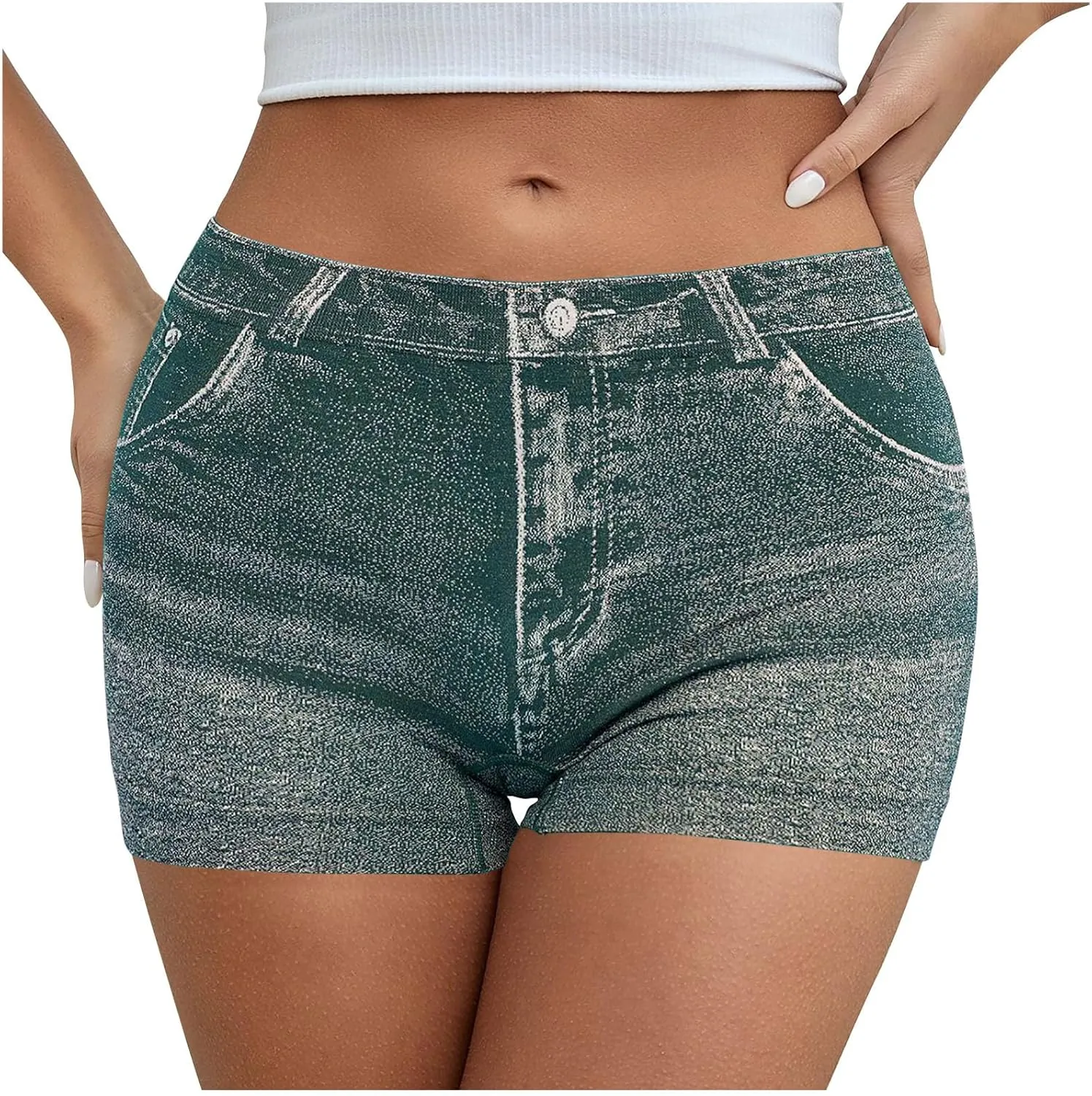 Faux Jeans Shorts for Women Summer Mid Rise Stretchy Denim Shorts Butt Lifting Slimming Ripped Shorts for Curvy Women