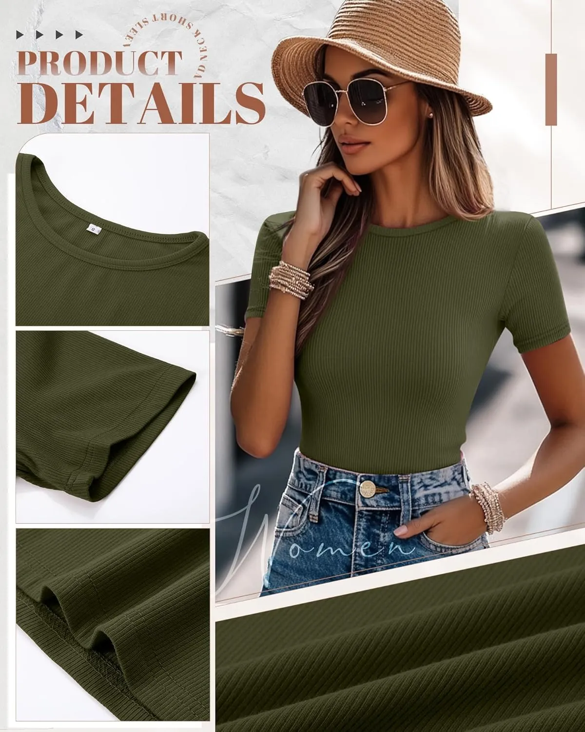 Ficerd 3 Pack Women's Ribbed T-Shirts, Cotton Short Sleeve Basic Tees Crewneck Fitted Tops Casual Shirts 2025 Summer Trendy