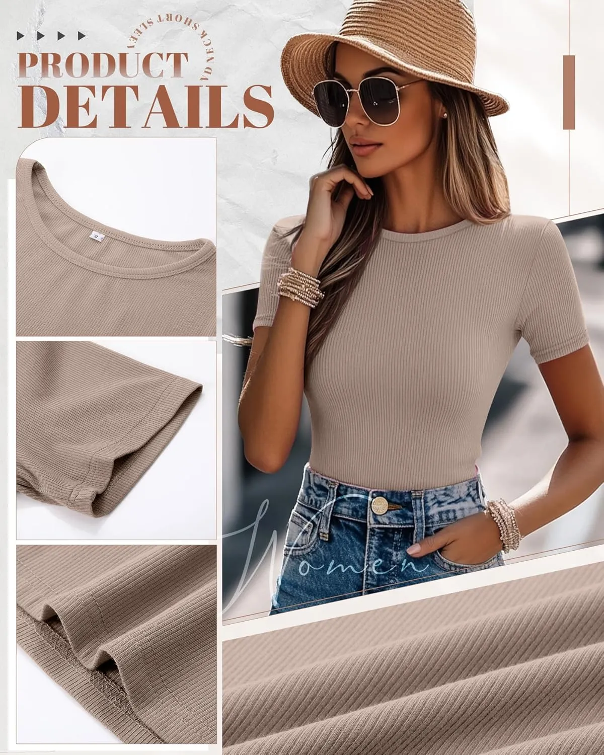 Ficerd 3 Pack Women's Ribbed T-Shirts, Cotton Short Sleeve Basic Tees Crewneck Fitted Tops Casual Shirts 2025 Summer Trendy
