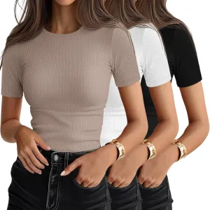 Ficerd 3 Pack Women's Ribbed T-Shirts, Cotton Short Sleeve Basic Tees Crewneck Fitted Tops Casual Shirts 2025 Summer Trendy