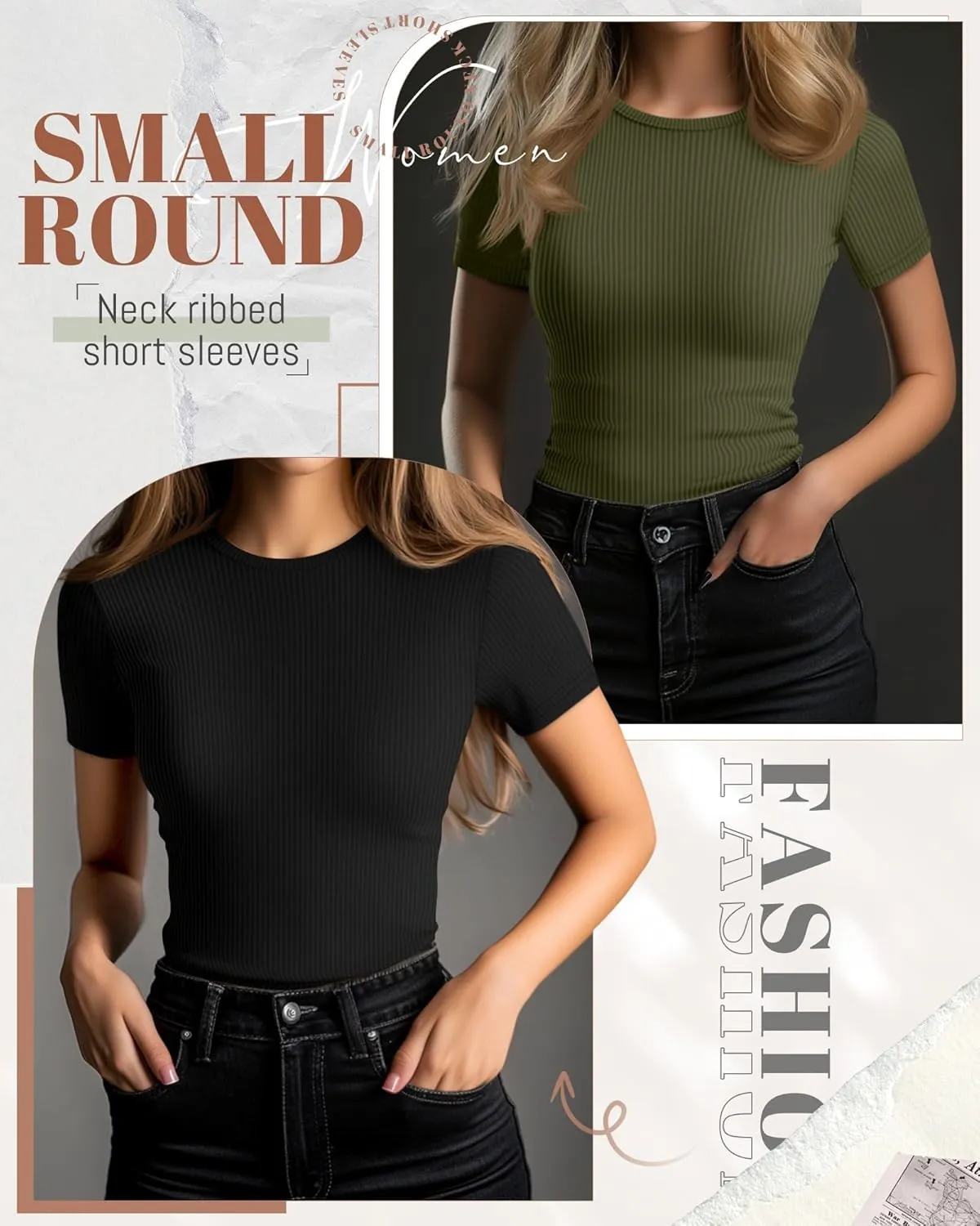 Ficerd 3 Pack Women's Ribbed T-Shirts, Cotton Short Sleeve Basic Tees Crewneck Fitted Tops Casual Shirts 2025 Summer Trendy