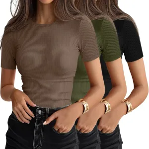Ficerd 3 Pack Women's Ribbed T-Shirts, Cotton Short Sleeve Basic Tees Crewneck Fitted Tops Casual Shirts 2025 Summer Trendy