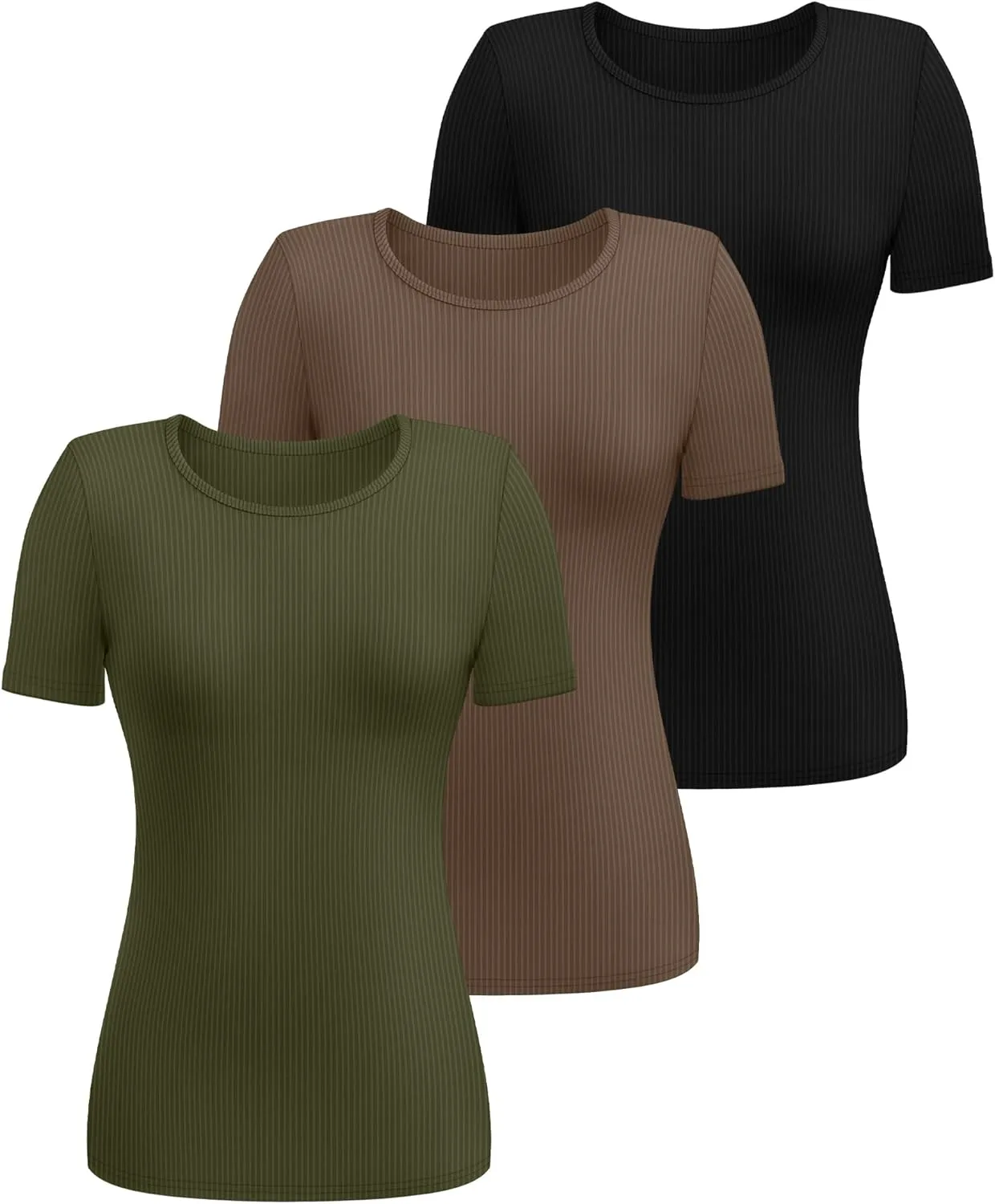 Ficerd 3 Pack Women's Ribbed T-Shirts, Cotton Short Sleeve Basic Tees Crewneck Fitted Tops Casual Shirts 2025 Summer Trendy