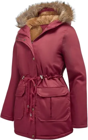 Fleece Jacket for Women Sherpa Lined Button Zip Up Warm Hooded Winter Jacket Fashion Fur Collar Solid Color Outwear