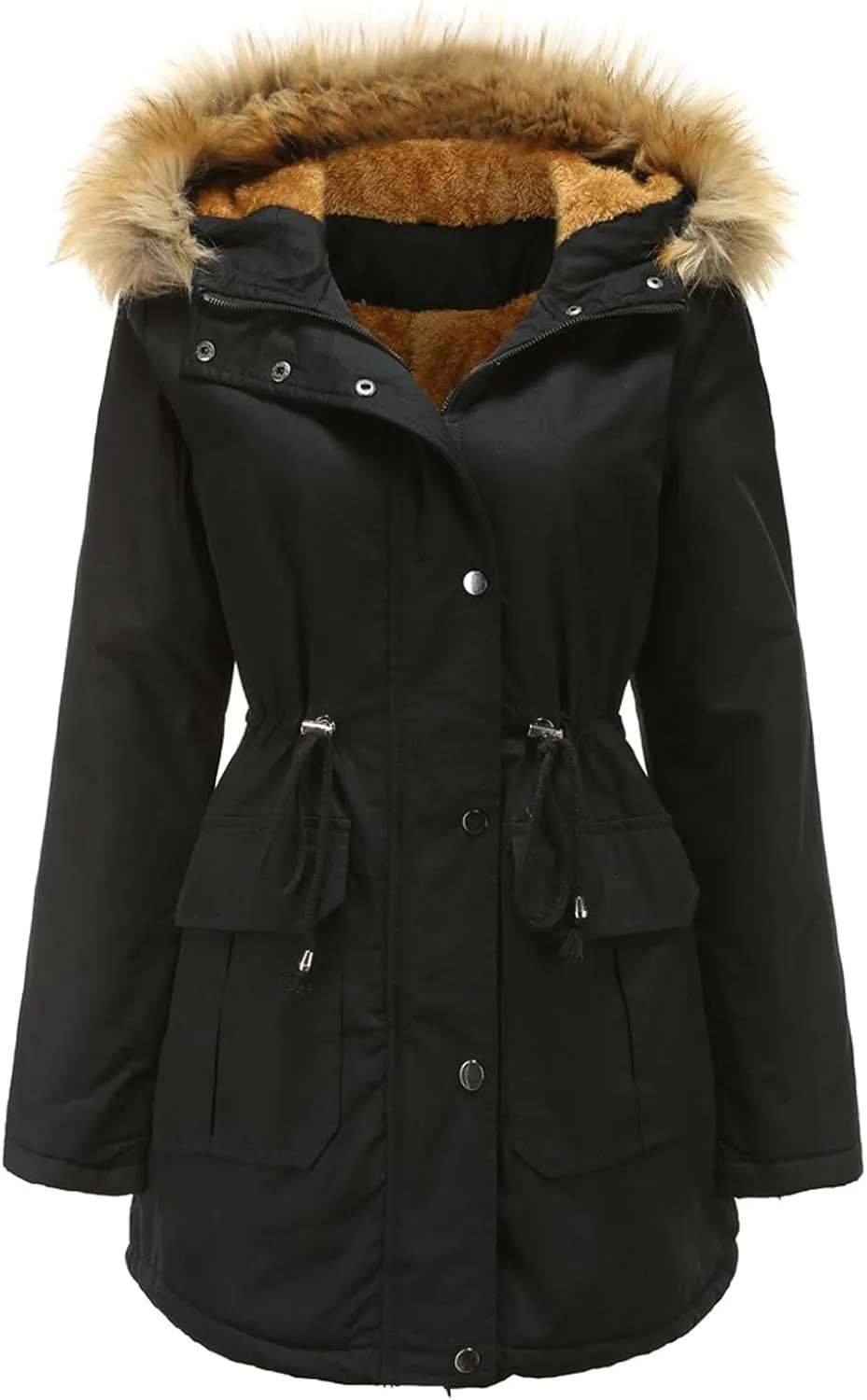 Fleece Jacket for Women Sherpa Lined Button Zip Up Warm Hooded Winter Jacket Fashion Fur Collar Solid Color Outwear