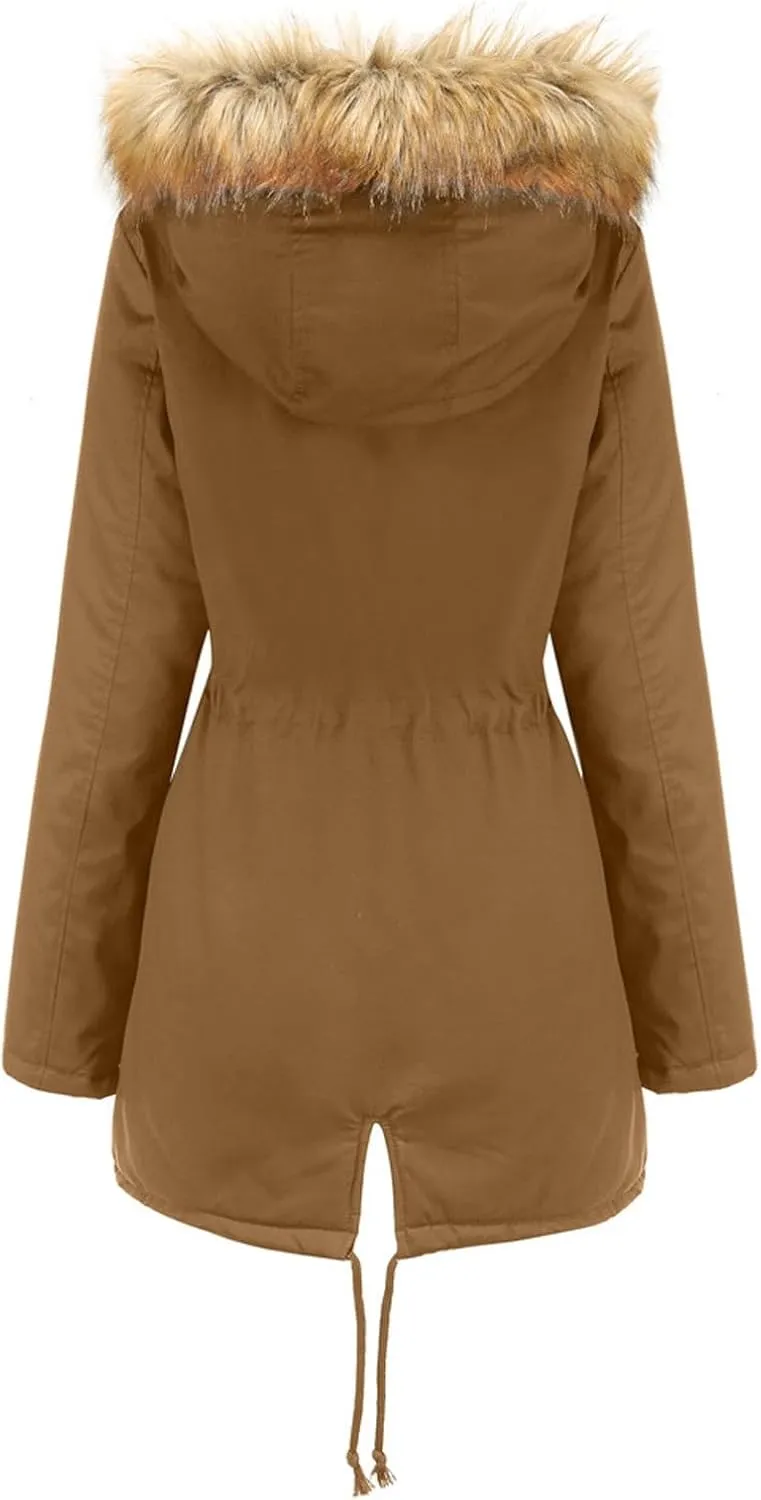 Fleece Jacket for Women Sherpa Lined Button Zip Up Warm Hooded Winter Jacket Fashion Fur Collar Solid Color Outwear