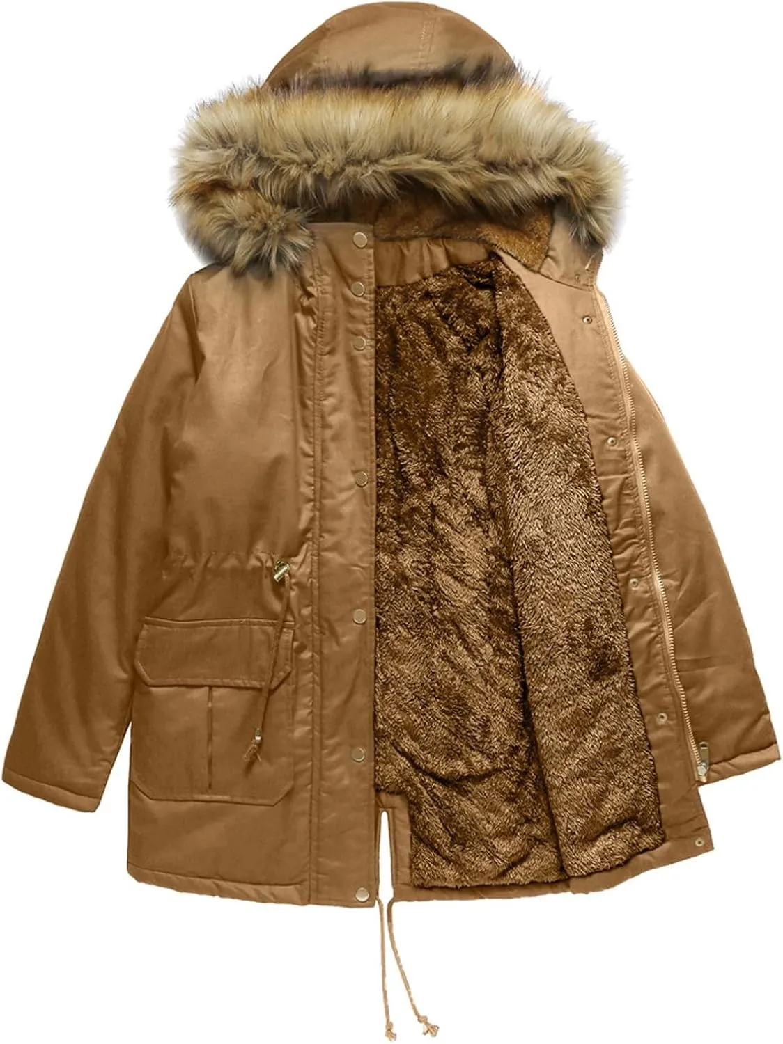 Fleece Jacket for Women Sherpa Lined Button Zip Up Warm Hooded Winter Jacket Fashion Fur Collar Solid Color Outwear