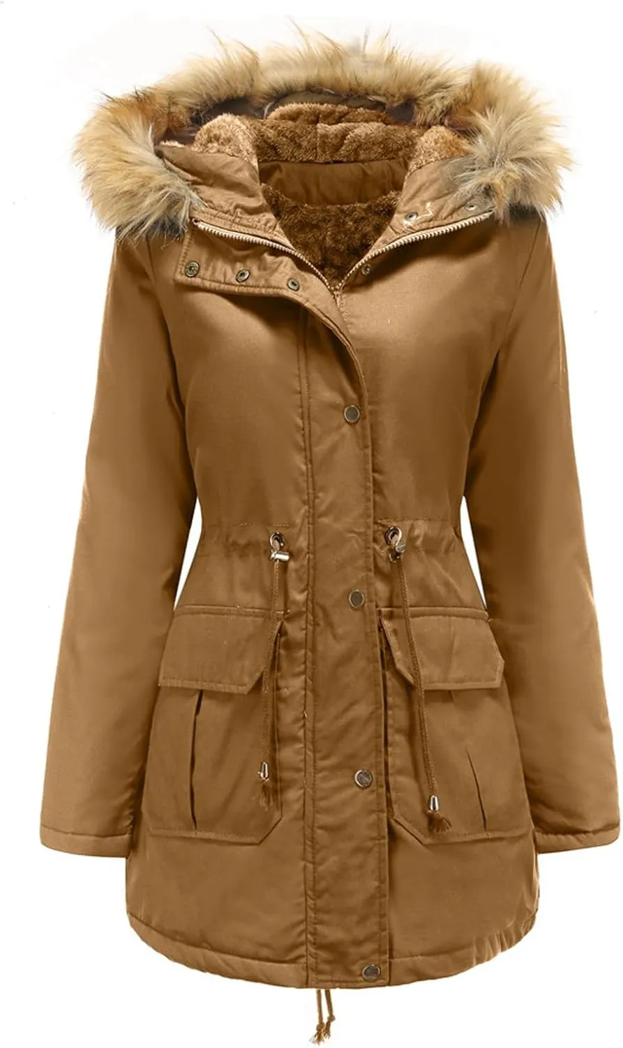 Fleece Jacket for Women Sherpa Lined Button Zip Up Warm Hooded Winter Jacket Fashion Fur Collar Solid Color Outwear