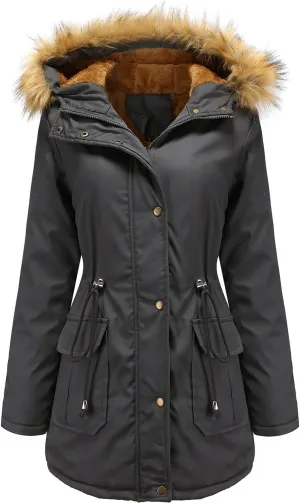 Fleece Jacket for Women Sherpa Lined Button Zip Up Warm Hooded Winter Jacket Fashion Fur Collar Solid Color Outwear
