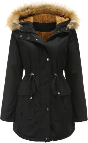 Fleece Jacket for Women Sherpa Lined Button Zip Up Warm Hooded Winter Jacket Fashion Fur Collar Solid Color Outwear