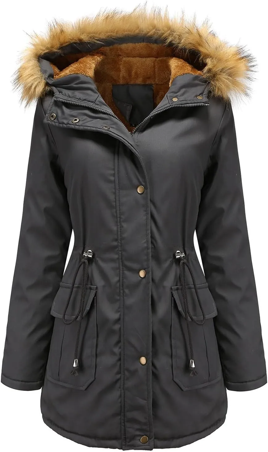 Fleece Jacket for Women Sherpa Lined Button Zip Up Warm Hooded Winter Jacket Fashion Fur Collar Solid Color Outwear