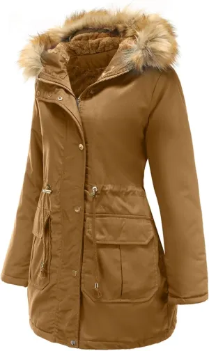 Fleece Jacket for Women Sherpa Lined Button Zip Up Warm Hooded Winter Jacket Fashion Fur Collar Solid Color Outwear