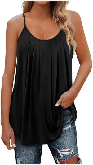 FMCHICO Tank Top for Women Pleated Spaghetti Strap Camisole Loose Fit Casual Sleeveless Flowy Basic Tops