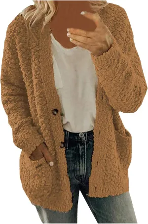 Fuzzy Fleece Jacket for Women Fashion Solid Color Loose Fit Cardigans Sweaters Button Down Open Front Plush Sweatshirt