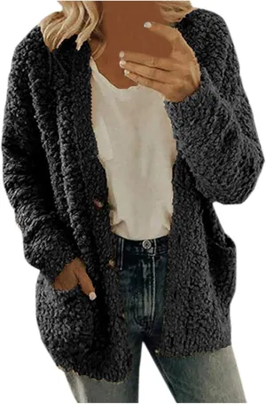Fuzzy Fleece Jacket for Women Fashion Solid Color Loose Fit Cardigans Sweaters Button Down Open Front Plush Sweatshirt