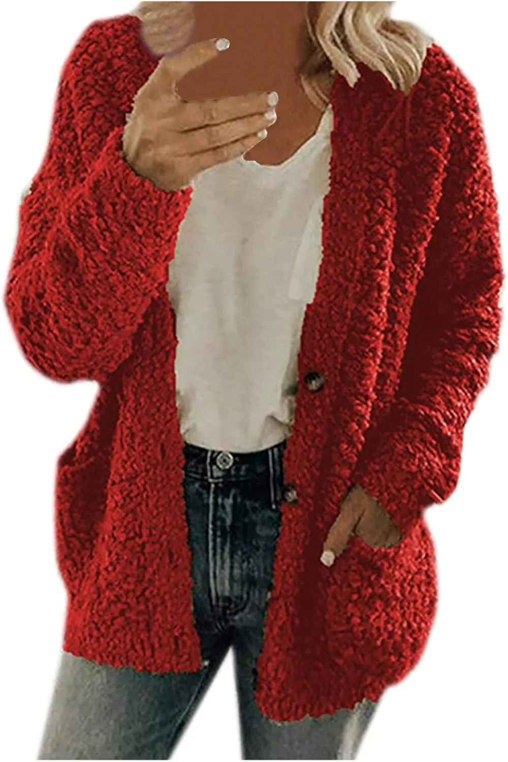 Fuzzy Fleece Jacket for Women Fashion Solid Color Loose Fit Cardigans Sweaters Button Down Open Front Plush Sweatshirt