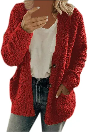Fuzzy Fleece Jacket for Women Fashion Solid Color Loose Fit Cardigans Sweaters Button Down Open Front Plush Sweatshirt